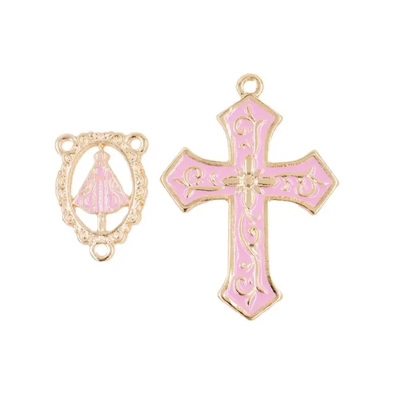 Kit Cruz E Entremeio Coracao N.Senhora Para Terco Em Zamac Com 03 Pares - Rosa Claro