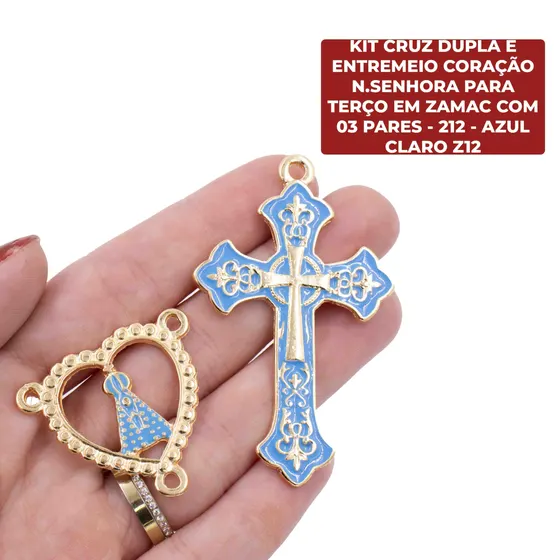 Kit Cruz Dupla E Entremeio Coracao N.Senhora Para Terco Em Zamac Com 03 Pares