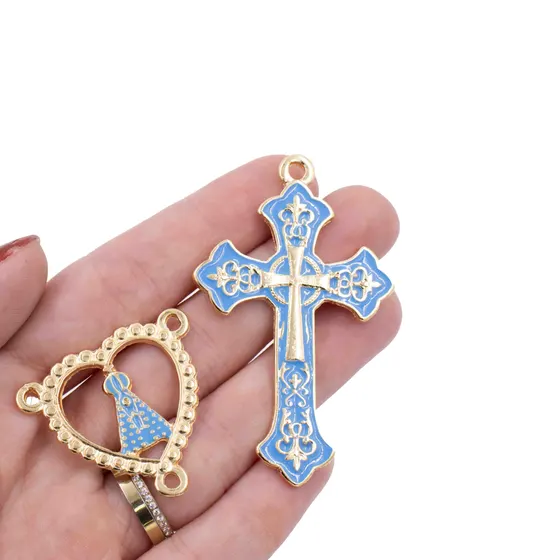 Kit Cruz Dupla E Entremeio Coracao N.Senhora Para Terco Em Zamac Com 03 Pares
