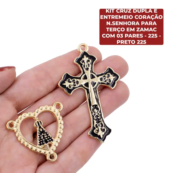 Kit Cruz Dupla E Entremeio Coracao N.Senhora Para Terco Em Zamac Com 03 Pares