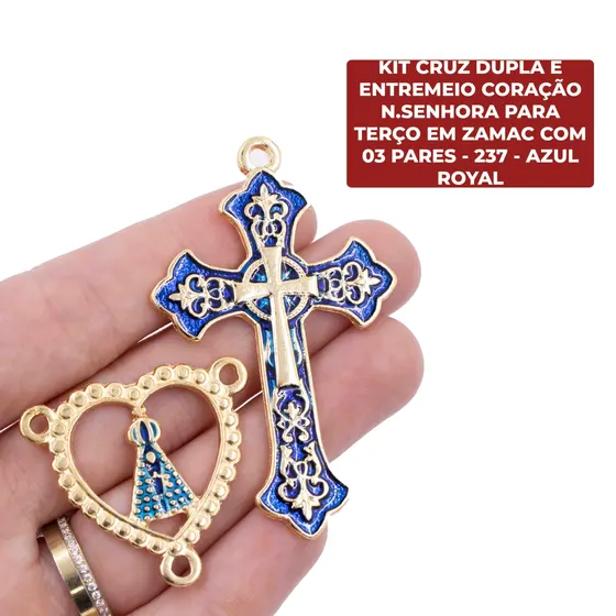 Kit Cruz Dupla E Entremeio Coracao N.Senhora Para Terco Em Zamac Com 03 Pares