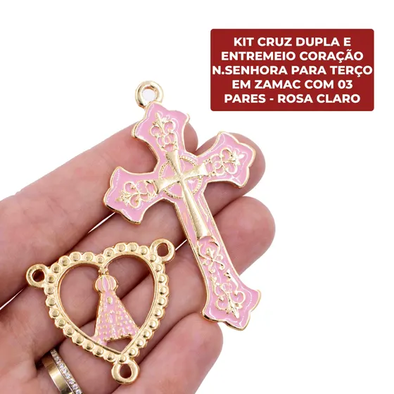Kit Cruz Dupla E Entremeio Coracao N.Senhora Para Terco Em Zamac Com 03 Pares - Rosa Claro