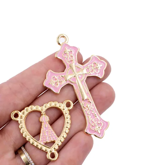 Kit Cruz Dupla E Entremeio Coracao N.Senhora Para Terco Em Zamac Com 03 Pares - Rosa Claro