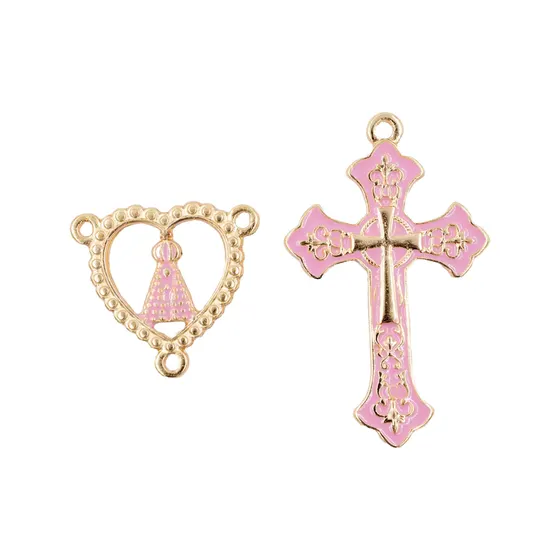 Kit Cruz Dupla E Entremeio Coracao N.Senhora Para Terco Em Zamac Com 03 Pares - Rosa Claro