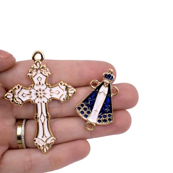 Kit Cruz E Entremeio N.Senhora Para Terco Em Zamac Com 03 Pares