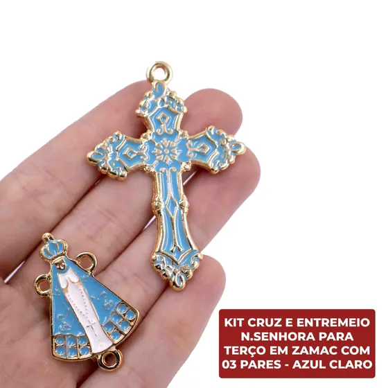 Kit Cruz E Entremeio N.Senhora Para Terco Em Zamac Com 03 Pares