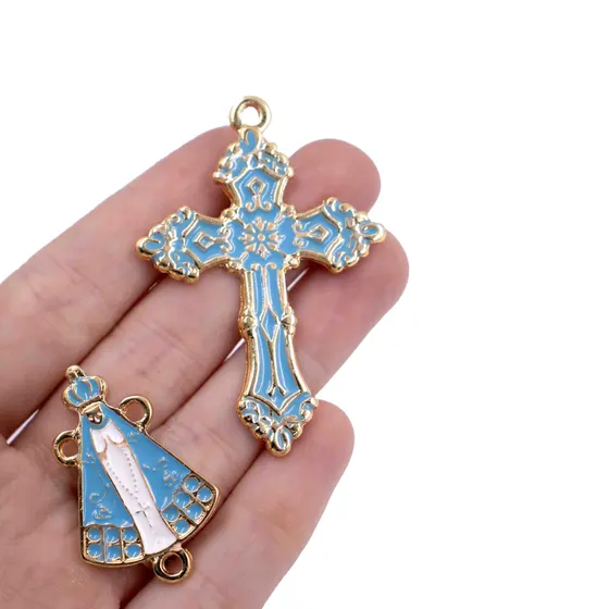 Kit Cruz E Entremeio N.Senhora Para Terco Em Zamac Com 03 Pares