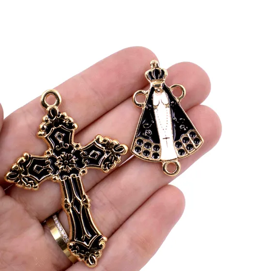 Kit Cruz E Entremeio N.Senhora Para Terco Em Zamac Com 03 Pares