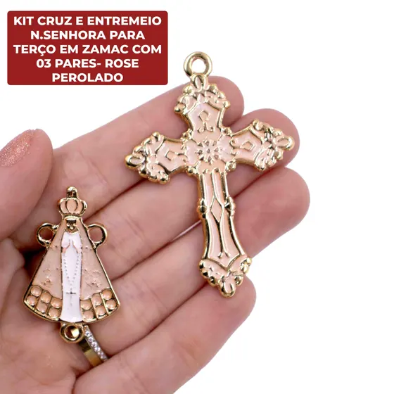 Kit Cruz E Entremeio N.Senhora Para Terco Em Zamac Com 03 Pares