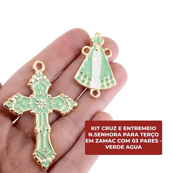 Kit Cruz E Entremeio N.Senhora Para Terco Em Zamac Com 03 Pares - Verde Agua