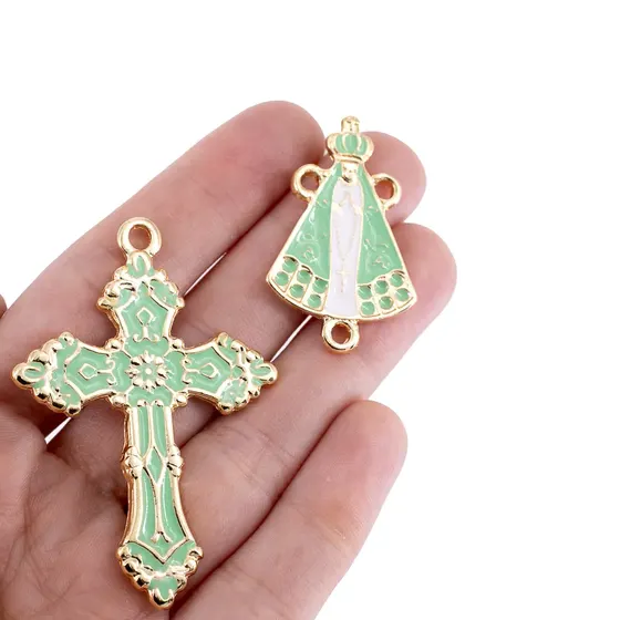 Kit Cruz E Entremeio N.Senhora Para Terco Em Zamac Com 03 Pares - Verde Agua