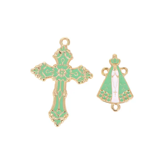 Kit Cruz E Entremeio N.Senhora Para Terco Em Zamac Com 03 Pares - Verde Agua