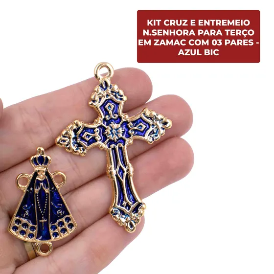 Kit Cruz E Entremeio N.Senhora Para Terco Em Zamac Com 03 Pares - Azul Bic