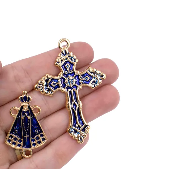Kit Cruz E Entremeio N.Senhora Para Terco Em Zamac Com 03 Pares - Azul Bic