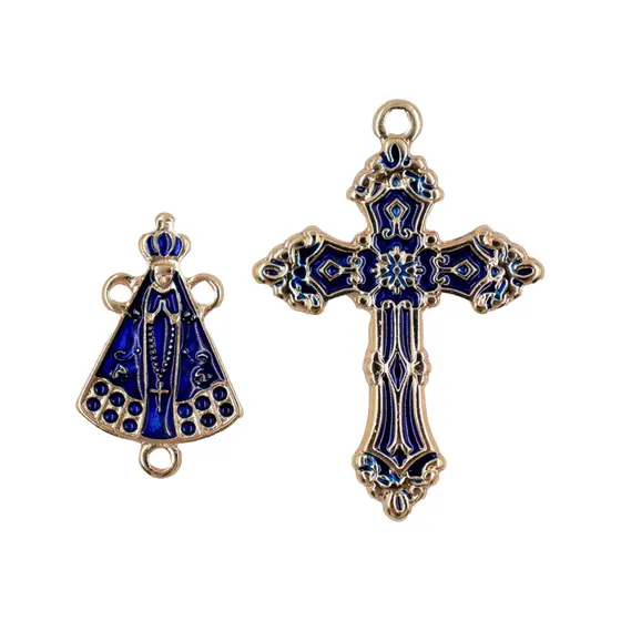 Kit Cruz E Entremeio N.Senhora Para Terco Em Zamac Com 03 Pares - Azul Bic
