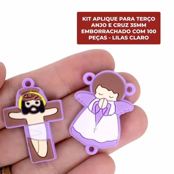 Kit Aplique Para Terco Anjo E Cruz 35Mm Emborrachado Com 100 Pecas - Lilas Claro