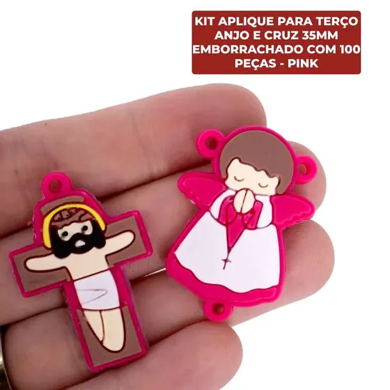 Kit Aplique Para Terco Anjo E Cruz 35Mm Emborrachado Com 100 Pecas - Pink