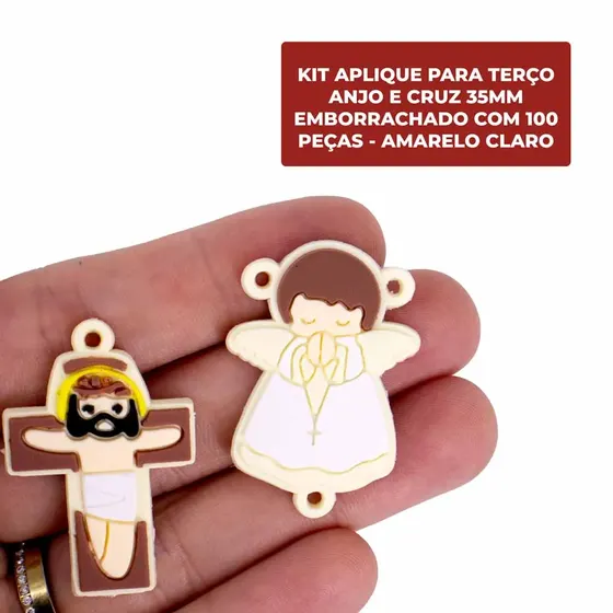 Kit Aplique Para Terco Anjo E Cruz 35Mm Emborrachado Com 100 Pecas - Amarelo Claro