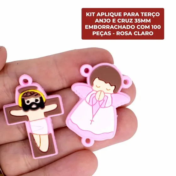 Kit Aplique Para Terco Anjo E Cruz 35Mm Emborrachado Com 100 Pecas - Rosa Claro