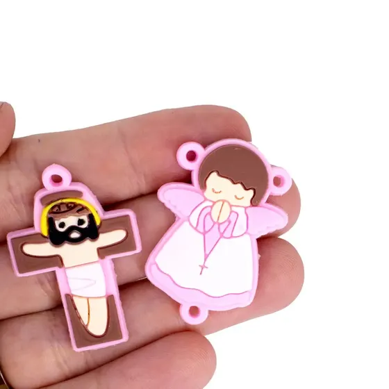 Kit Aplique Para Terco Anjo E Cruz 35Mm Emborrachado Com 100 Pecas - Rosa Claro