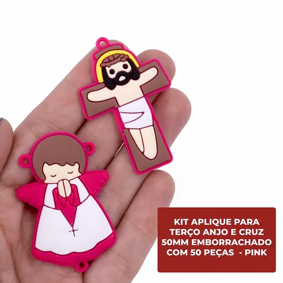 Kit Aplique Para Terco Anjo E Cruz 50Mm Emborrachado Com 50 Pecas - Pink