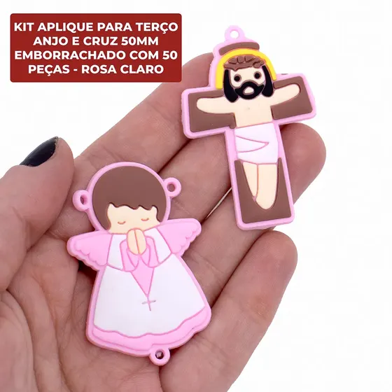 Kit Aplique Para Terco Anjo E Cruz 50Mm Emborrachado Com 50 Pecas - Rosa Claro