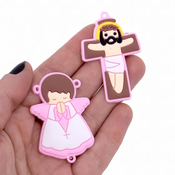 Kit Aplique Para Terco Anjo E Cruz 50Mm Emborrachado Com 50 Pecas - Rosa Claro