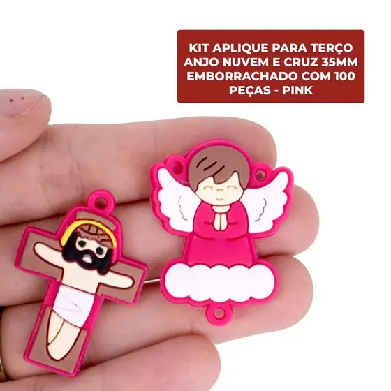 Kit Aplique Para Terco Anjo Nuvem E Cruz 35Mm Emborrachado Com 100 Pecas - Pink