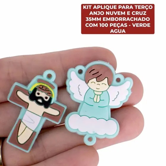 Kit Aplique Para Terco Anjo Nuvem E Cruz 35Mm Emborrachado Com 100 Pecas - Verde Agua