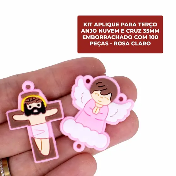 Kit Aplique Para Terco Anjo Nuvem E Cruz 35Mm Emborrachado Com 100 Pecas - Rosa Claro