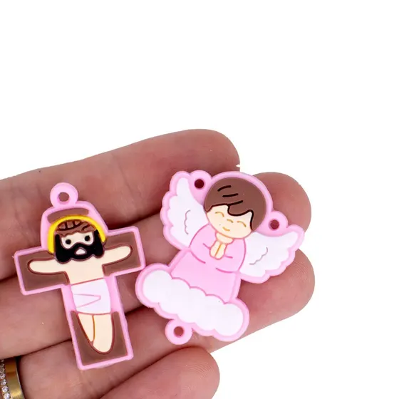 Kit Aplique Para Terco Anjo Nuvem E Cruz 35Mm Emborrachado Com 100 Pecas - Rosa Claro