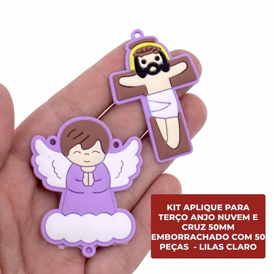 Kit Aplique Para Terco Anjo Nuvem E Cruz 50Mm Emborrachado Com 50 Pecas - Lilas Claro