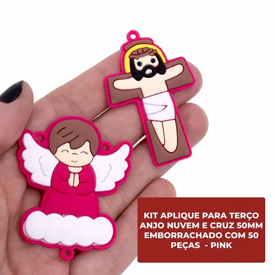 Kit Aplique Para Terco Anjo Nuvem E Cruz 50Mm Emborrachado Com 50 Pecas - Pink