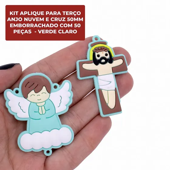Kit Aplique Para Terco Anjo Nuvem E Cruz 50Mm Emborrachado Com 50 Pecas - Verde Claro