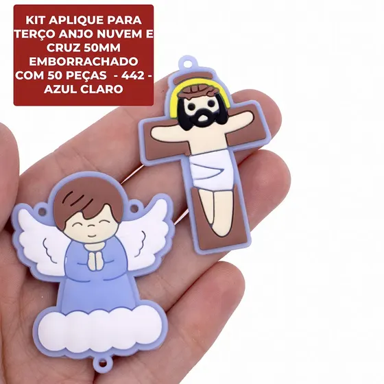 Kit Aplique Para Terco Anjo Nuvem E Cruz 50Mm Emborrachado Com 50 Pecas