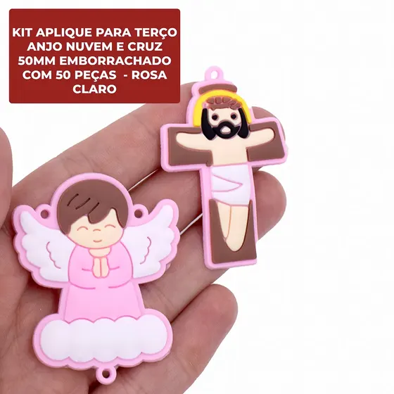 Kit Aplique Para Terco Anjo Nuvem E Cruz 50Mm Emborrachado Com 50 Pecas - Rosa Claro