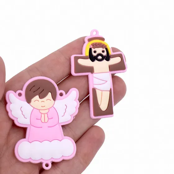 Kit Aplique Para Terco Anjo Nuvem E Cruz 50Mm Emborrachado Com 50 Pecas - Rosa Claro