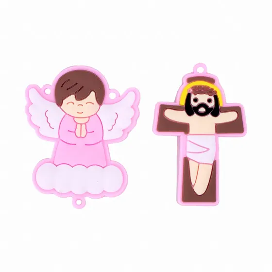 Kit Aplique Para Terco Anjo Nuvem E Cruz 50Mm Emborrachado Com 50 Pecas - Rosa Claro