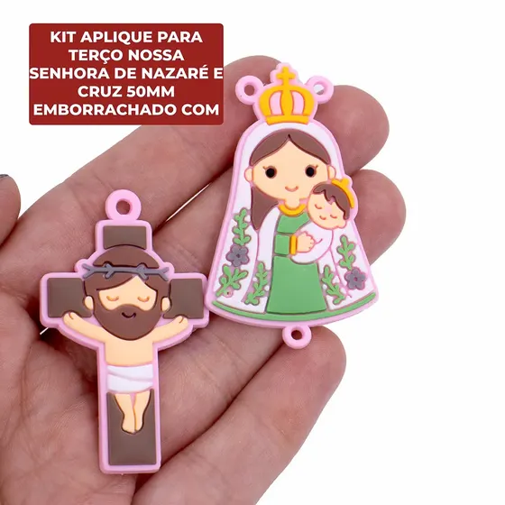 Kit Aplique Para Terco Nossa Senhora De Nazare E Cruz 50Mm Emborrachado Com 50 Pecas