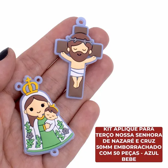 Kit Aplique Para Terco Nossa Senhora De Nazare E Cruz 50Mm Emborrachado Com 50 Pecas - Azul Bebe