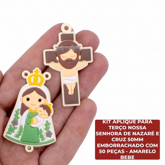 Kit Aplique Para Terco Nossa Senhora De Nazare E Cruz 50Mm Emborrachado Com 50 Pecas - Amarelo Bebe