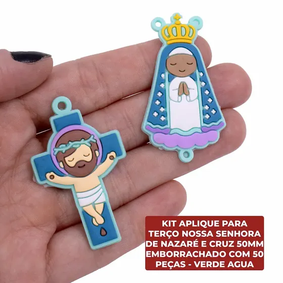 Kit Aplique Para Terco Nossa Senhora De Nazare E Cruz 50Mm Emborrachado Com 50 Pecas - Verde Agua