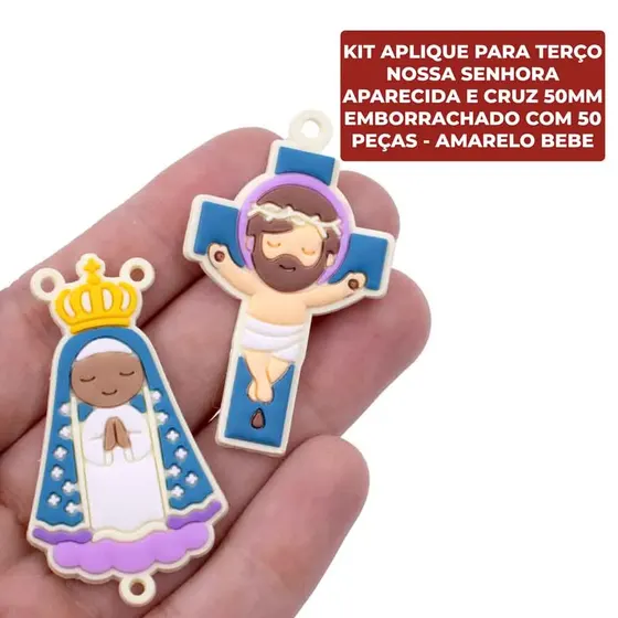 Kit Aplique Para Terco Nossa Senhora Aparecida E Cruz 50Mm Emborrachado Com 50 Pecas - Amarelo Bebe