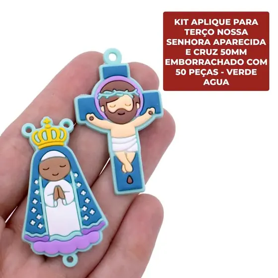 Kit Aplique Para Terco Nossa Senhora Aparecida E Cruz 50Mm Emborrachado Com 50 Pecas - Verde Agua
