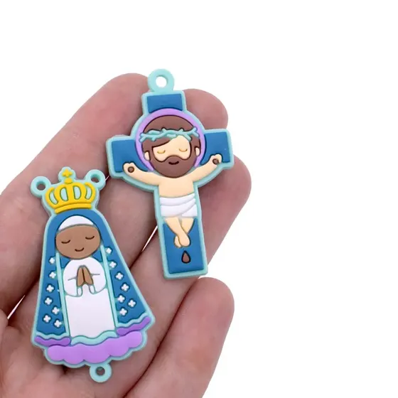 Kit Aplique Para Terco Nossa Senhora Aparecida E Cruz 50Mm Emborrachado Com 50 Pecas - Verde Agua
