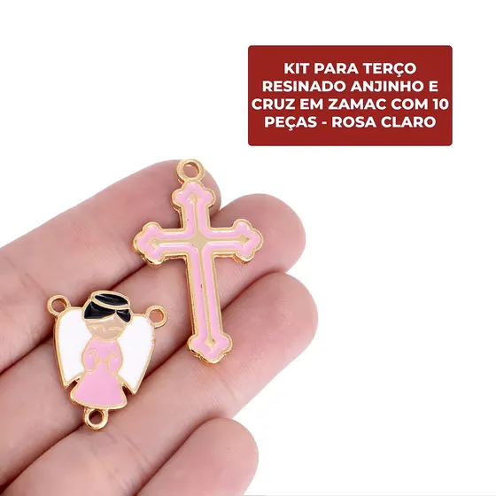Kit Para Terco Resinado Anjinho E Cruz Em Zamac Com 10 Pecas - Rosa Claro
