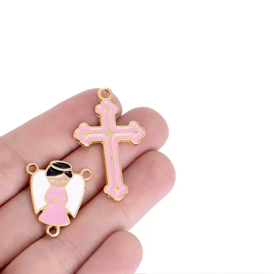 Kit Para Terco Resinado Anjinho E Cruz Em Zamac Com 10 Pecas - Rosa Claro