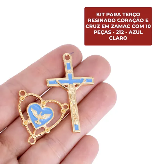 Kit Para Terco Resinado Coracao E Cruz Em Zamac Com 10 Pecas