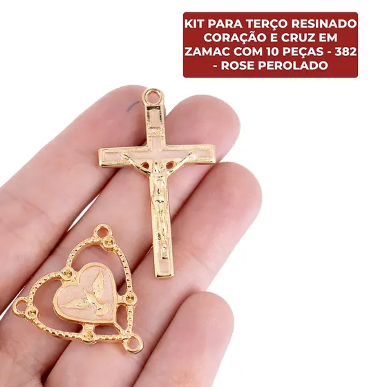 Kit Para Terco Resinado Coracao E Cruz Em Zamac Com 10 Pecas