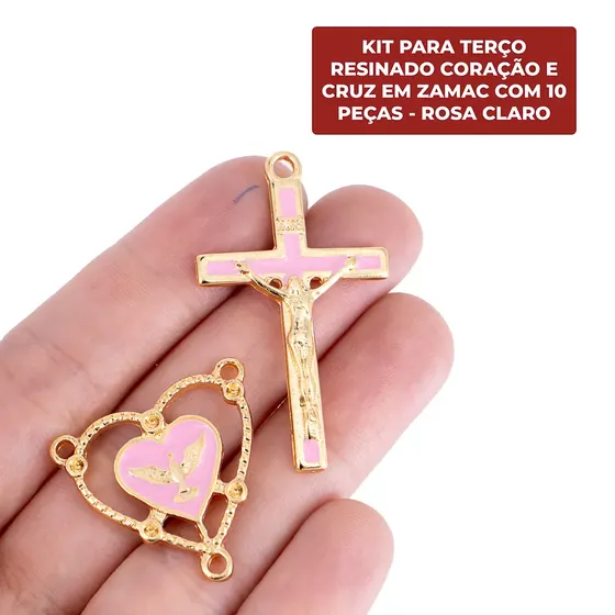 Kit Para Terco Resinado Coracao E Cruz Em Zamac Com 10 Pecas - Rosa Claro